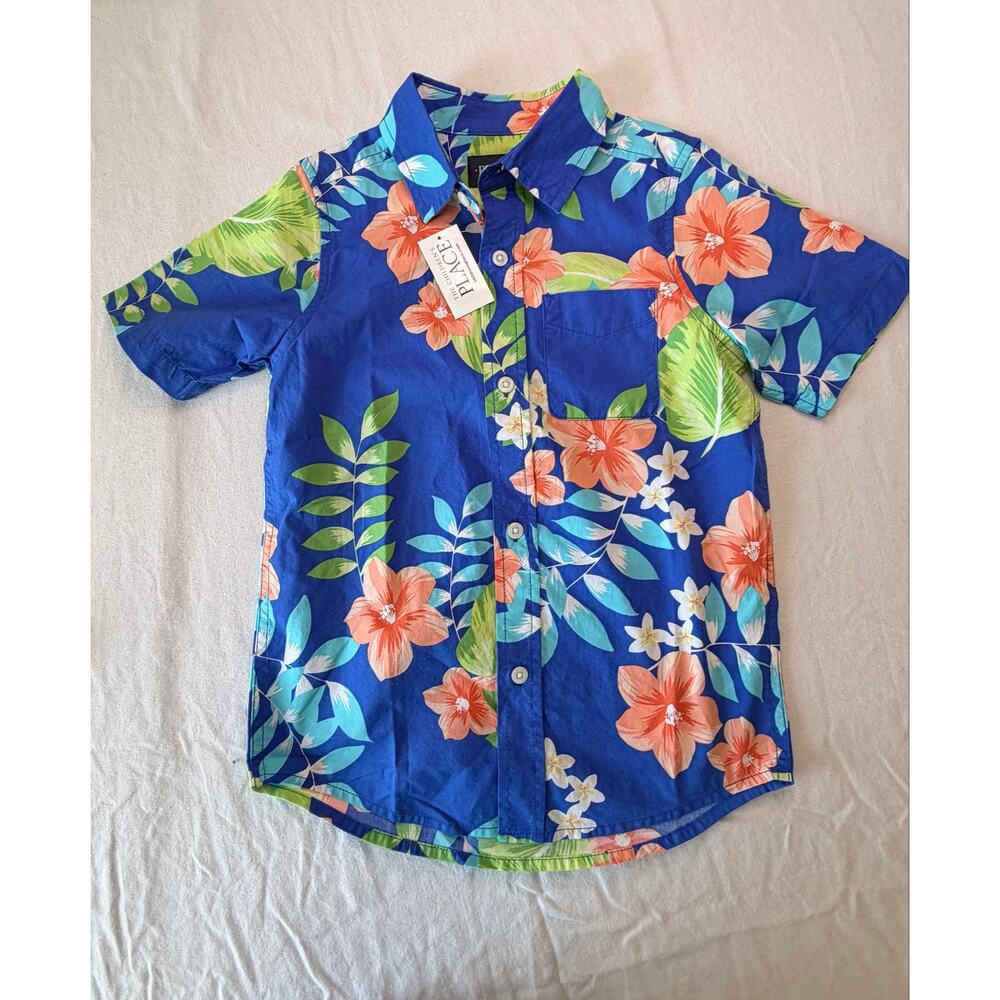 NWT The Children’s Place Boys Hawaiian Shirt Blue Floral Tropical 5/6